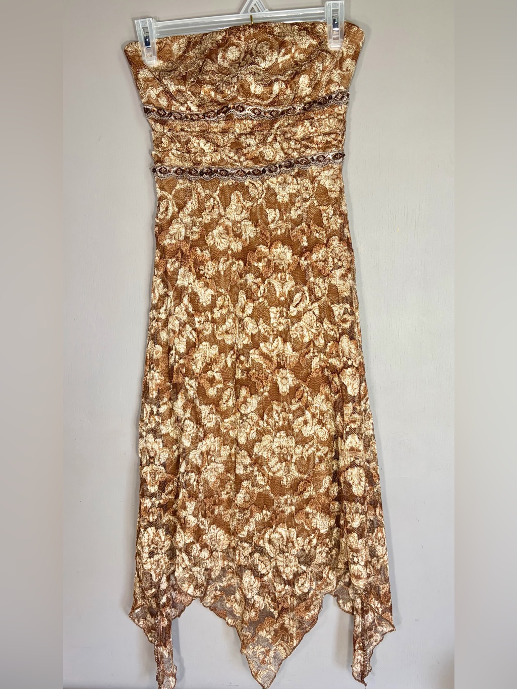 Le Chateau Gold Floral Strapless Midi Dress
